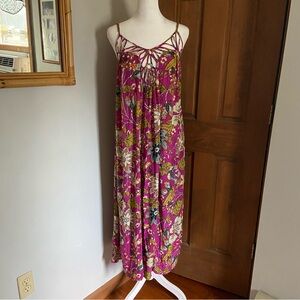 By Anthropologie XS Extra Small Midi Floral Print Dress Crochet Cutout Neck Boho